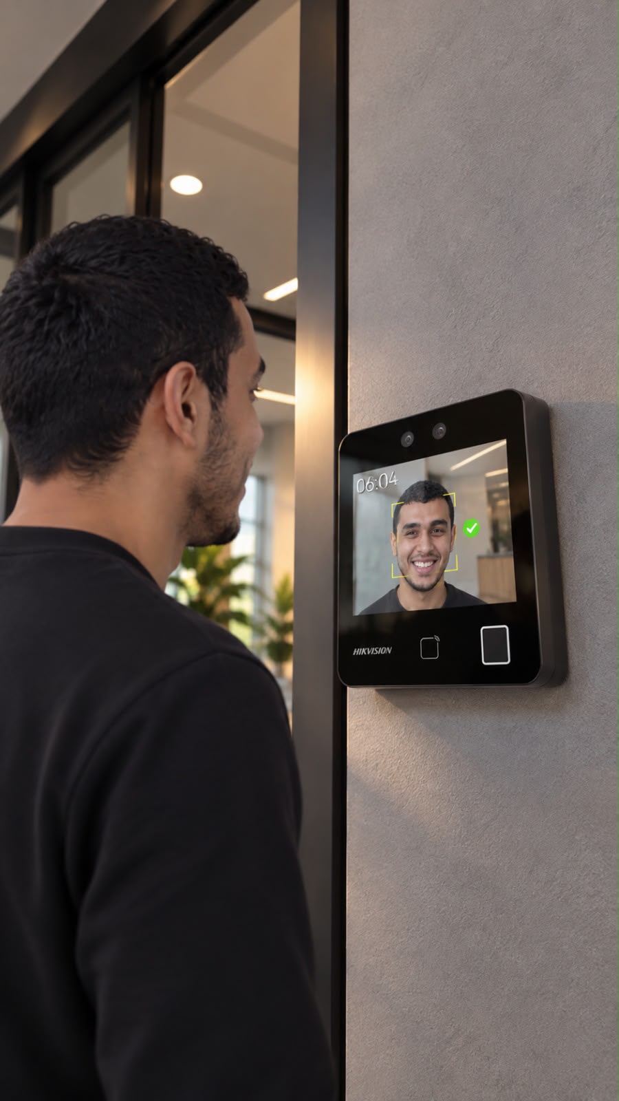 Employé utilisant un terminal de reconnaissance faciale